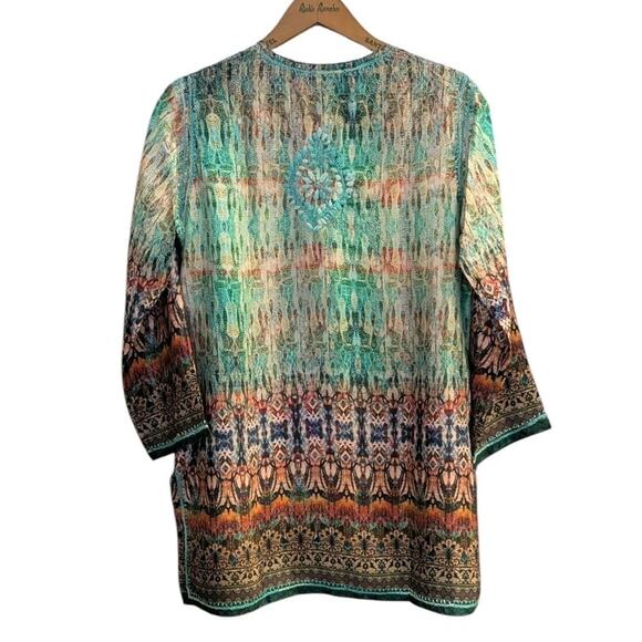 Dolma Silk Hand Embroidered Henley Tunic Teal Turquoise Green Floral Medium O - Picture 2 of 10